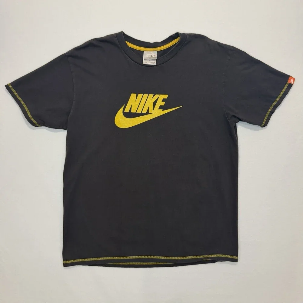 Vintage Y2K Nike Spell Out Center Swoosh Grey Yellow Graphic Shirt Men’s Sz XL